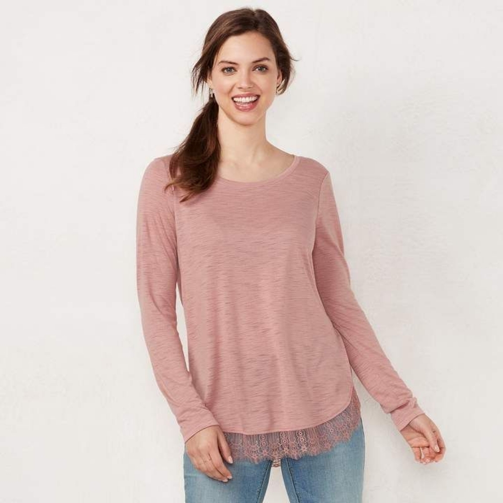LC Lauren Conrad Tie-Back Tunic w/ Lace Trim, Pale Pink, Size S